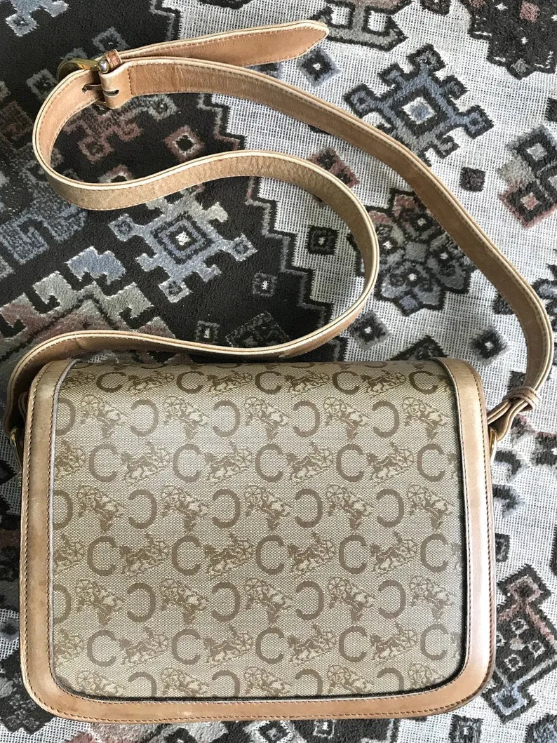 Celine Vintage beige macadam and blason pattern classic shoulder bag with golden logo motifs