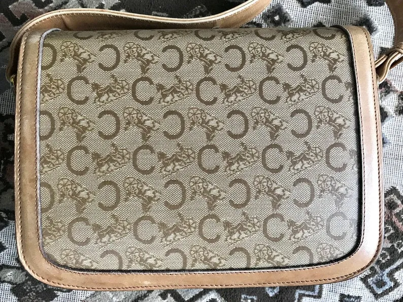 Celine Vintage beige macadam and blason pattern classic shoulder bag with golden logo motifs
