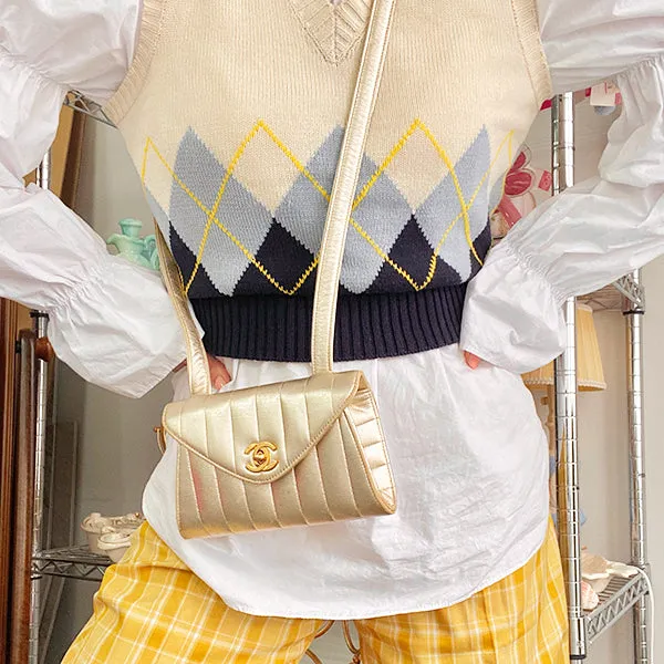 Chanel Around 1995 Made V Flap Mademoiselle Stitch Shoulder Bag Gold