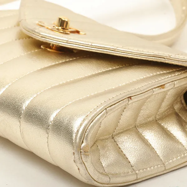 Chanel Around 1995 Made V Flap Mademoiselle Stitch Shoulder Bag Gold