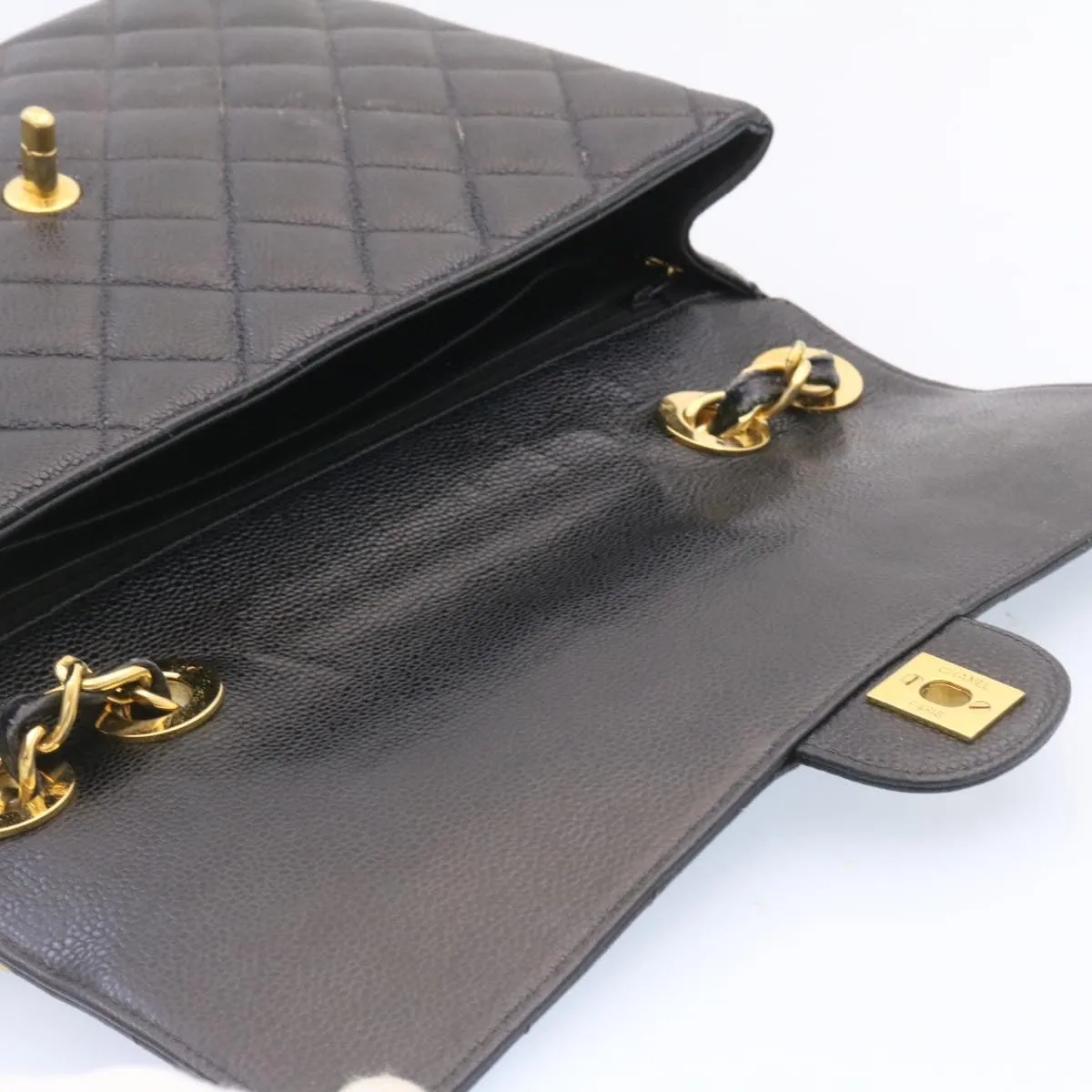 CHANEL Big Matelasse Flap Chain Shoulder Bag Caviar Skin Black Gold Auth 25984A