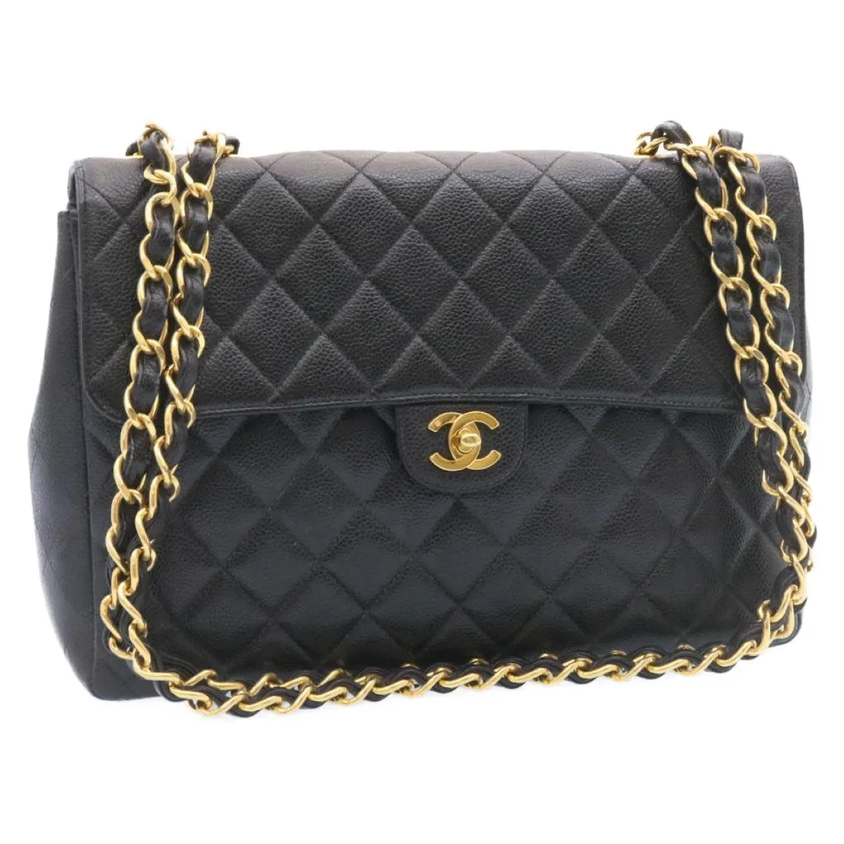 CHANEL Big Matelasse Flap Chain Shoulder Bag Caviar Skin Black Gold Auth 25984A