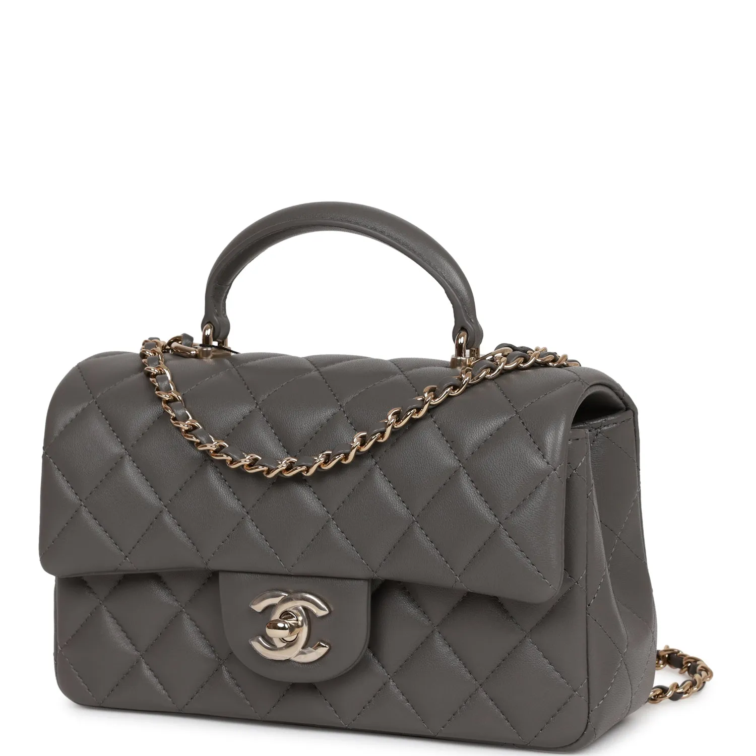 Chanel Mini Rectangular Flap Bag with Top Handle Dark Grey Lambskin Light Gold Hardware