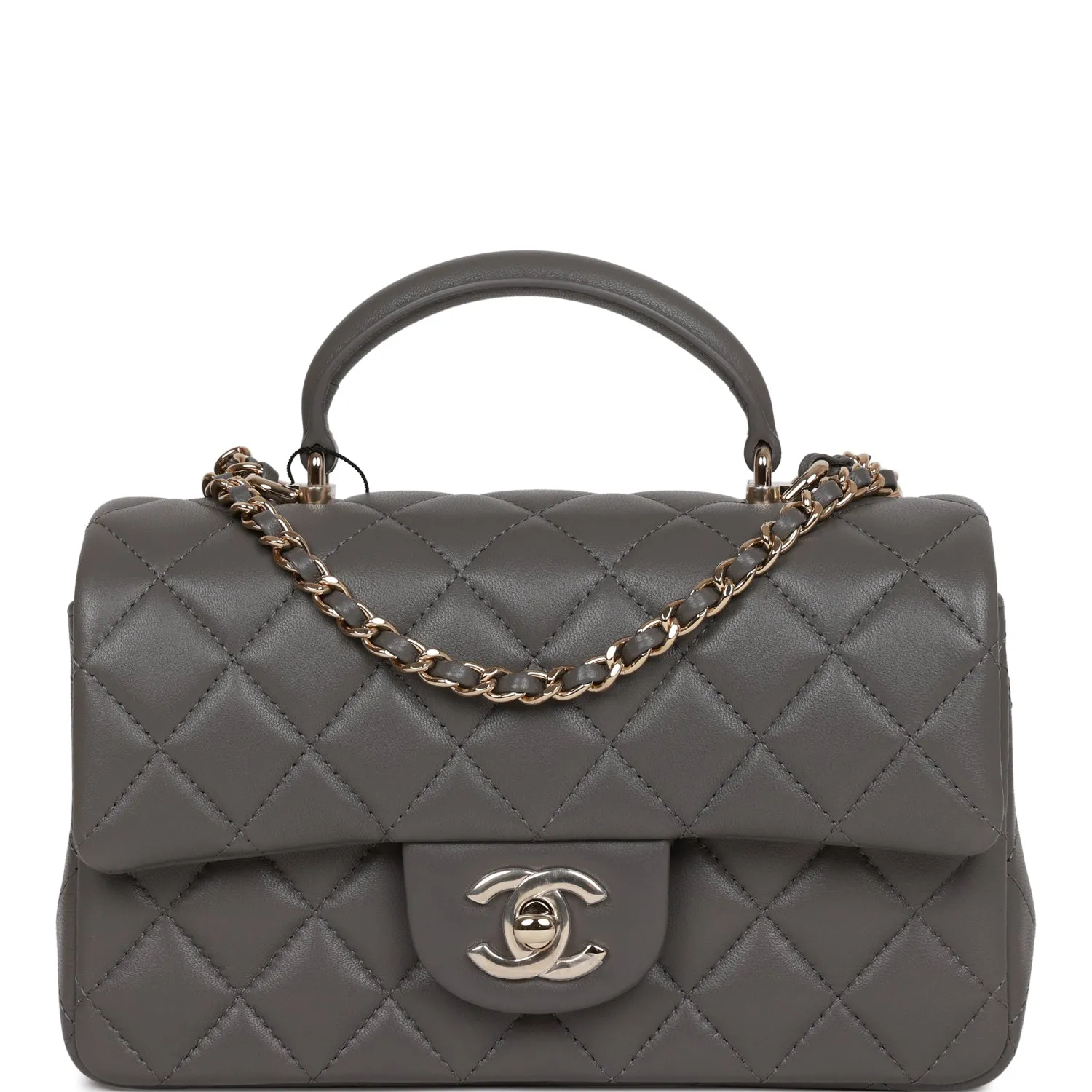 Chanel Mini Rectangular Flap Bag with Top Handle Dark Grey Lambskin Light Gold Hardware