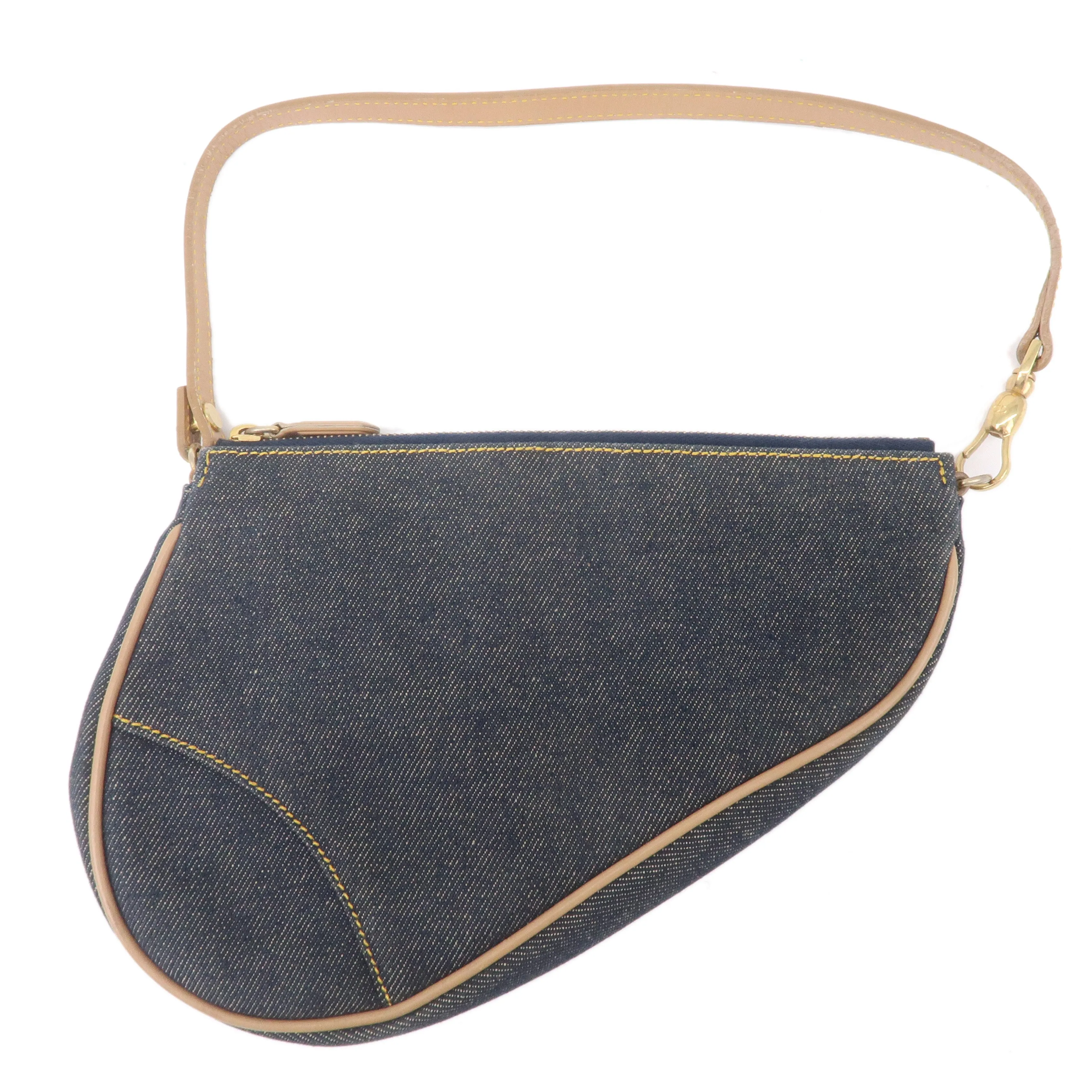 Christian Dior Denim Leather Saddle Bag Shoulder Bag Pouch Navy