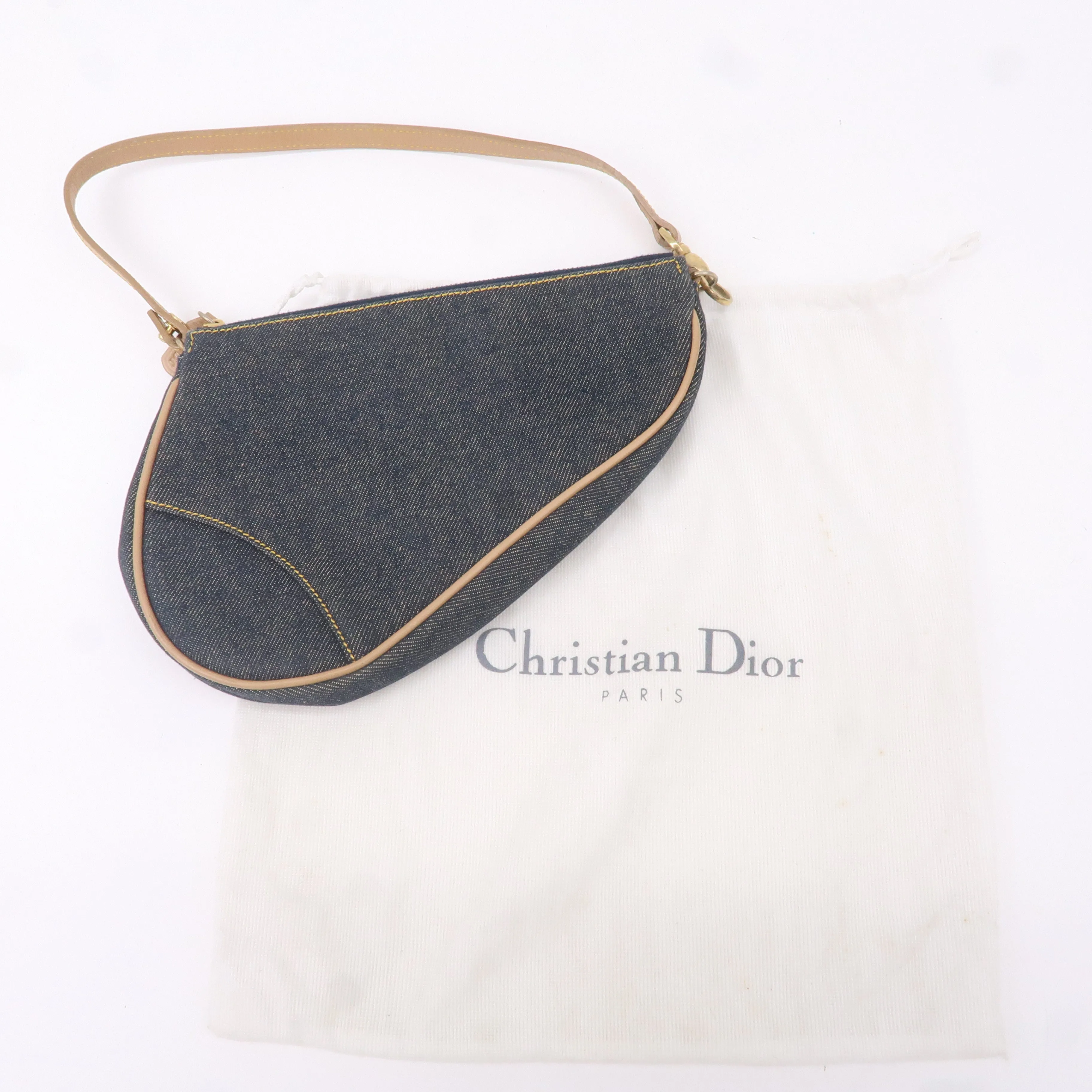 Christian Dior Denim Leather Saddle Bag Shoulder Bag Pouch Navy