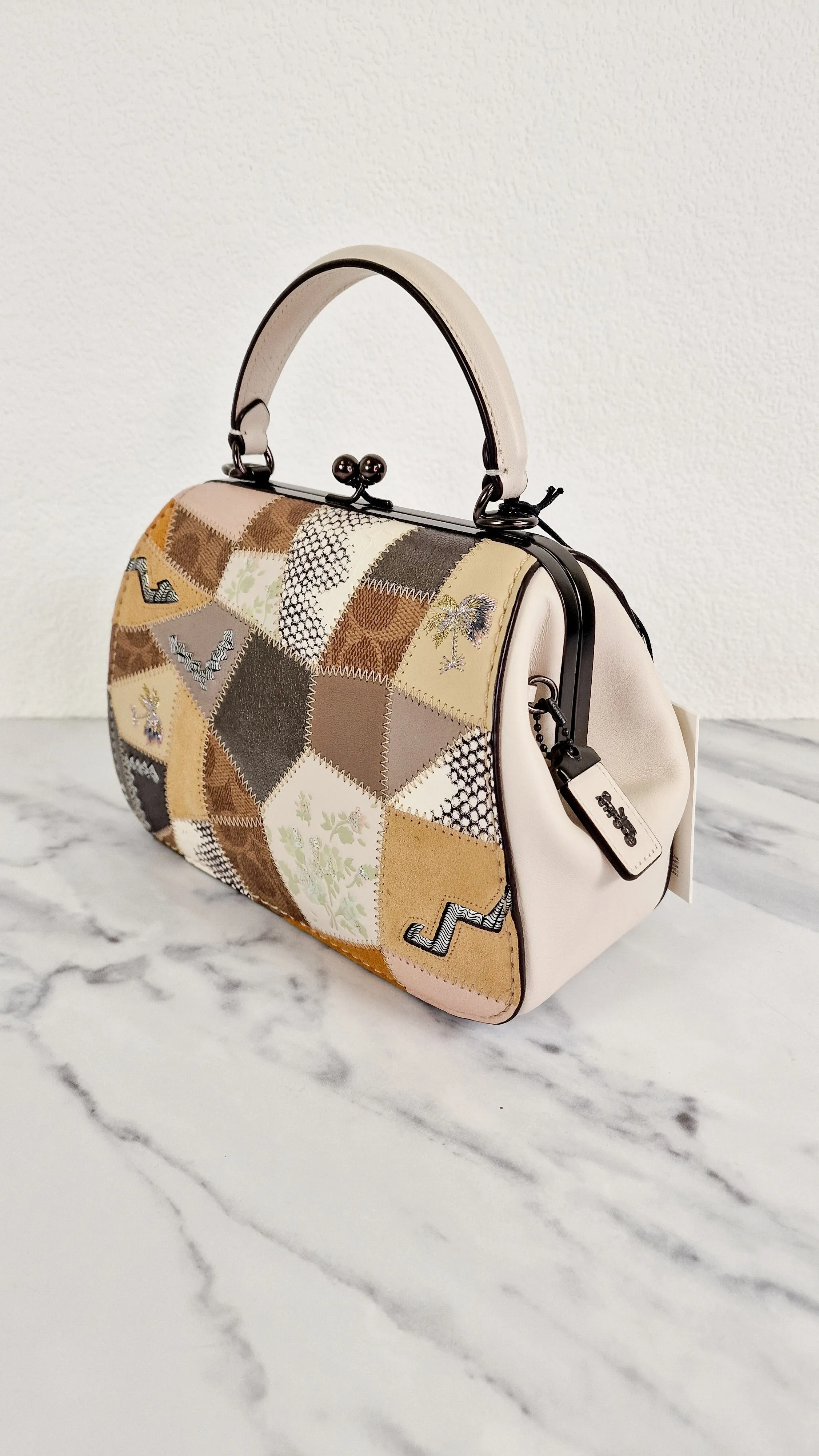 Coach 1941 Frame Bag 23 with Kisslock & Signature Patchwork in Smooth Chalk White Leather - Crossbody Handbag - Coach 69024