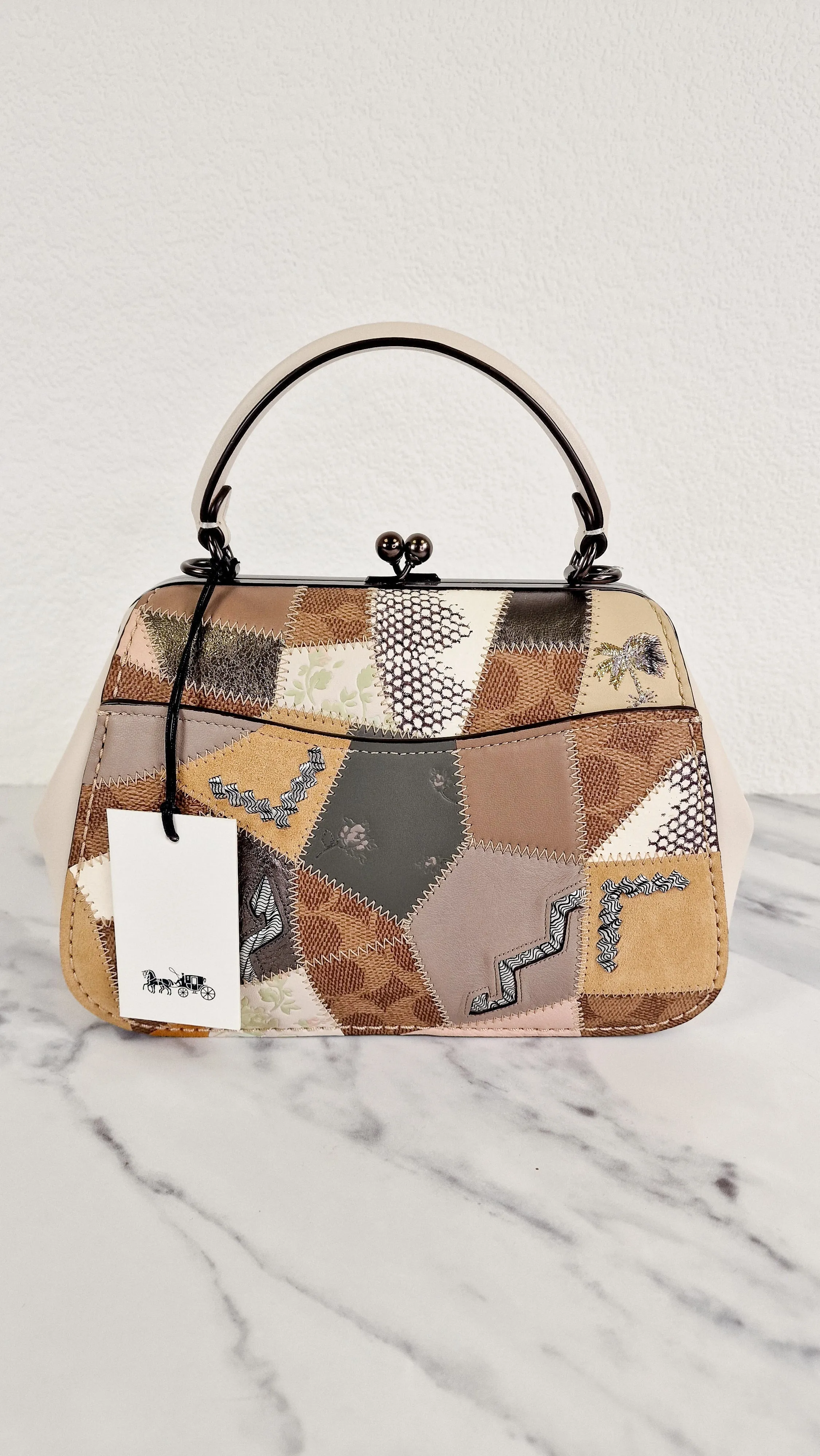 Coach 1941 Frame Bag 23 with Kisslock & Signature Patchwork in Smooth Chalk White Leather - Crossbody Handbag - Coach 69024