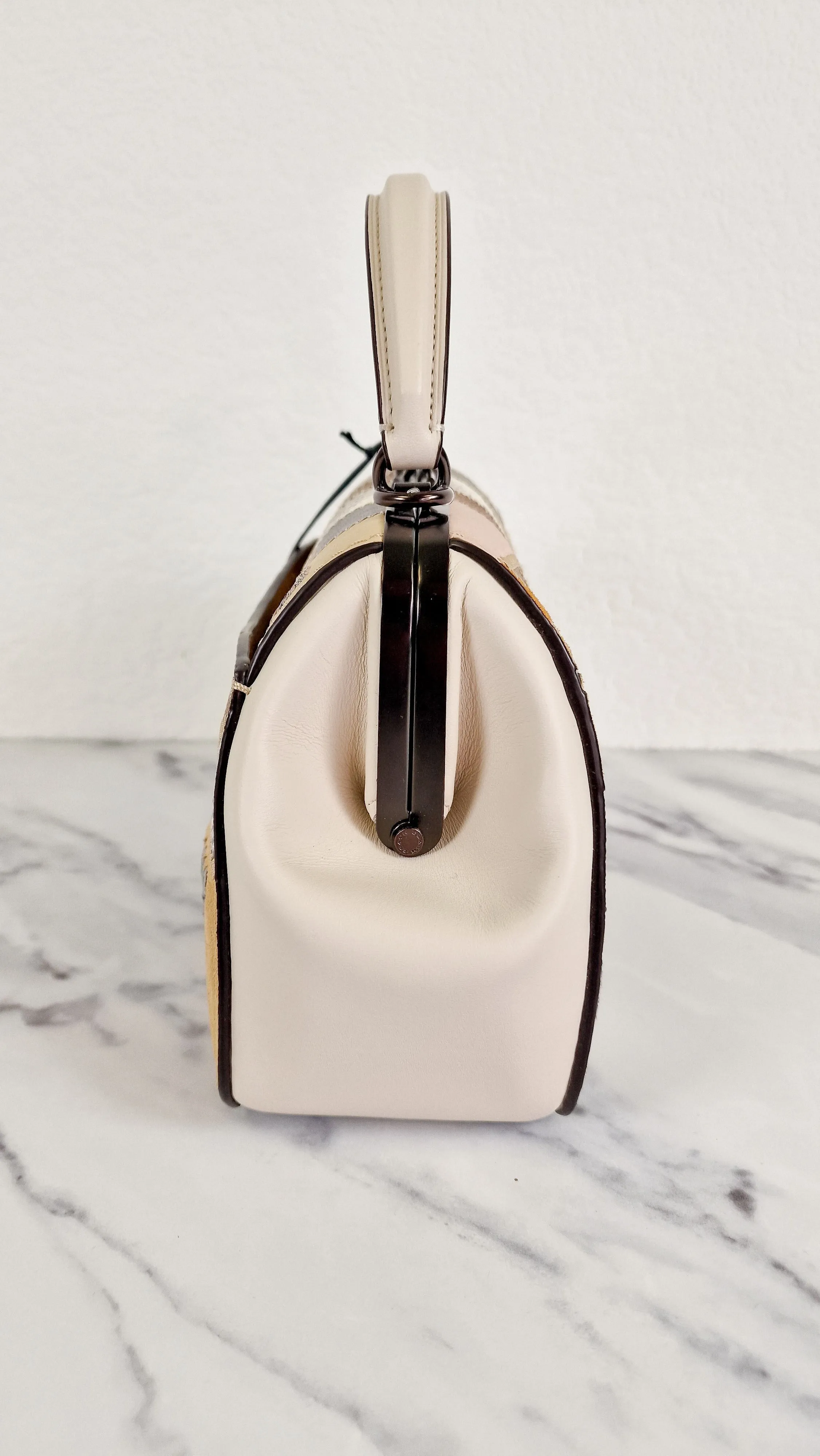 Coach 1941 Frame Bag 23 with Kisslock & Signature Patchwork in Smooth Chalk White Leather - Crossbody Handbag - Coach 69024