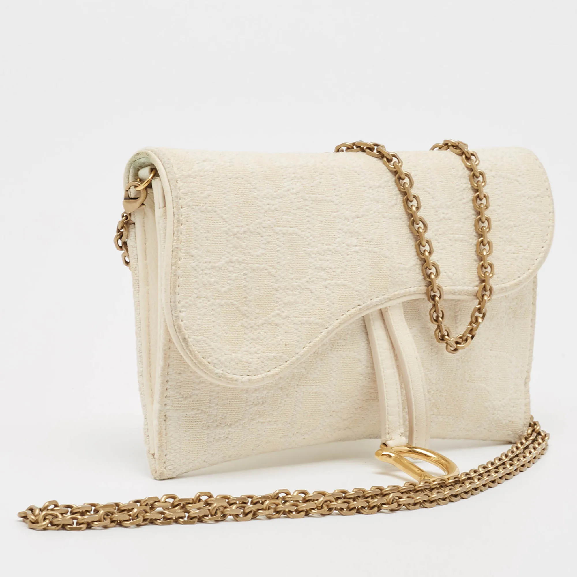 DIOR Off White Oblique Canvas and Leather Saddle Wallet on Chain