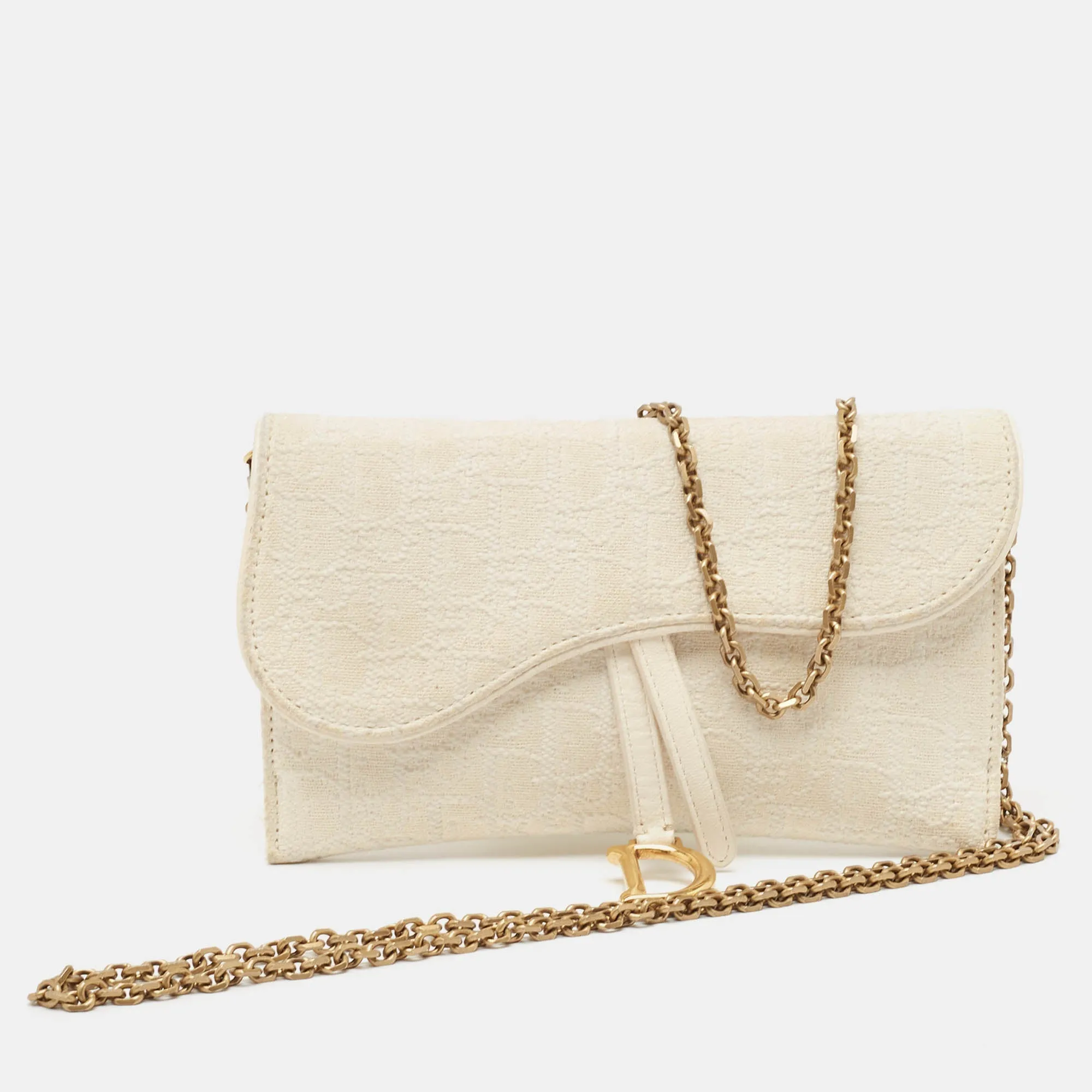 DIOR Off White Oblique Canvas and Leather Saddle Wallet on Chain