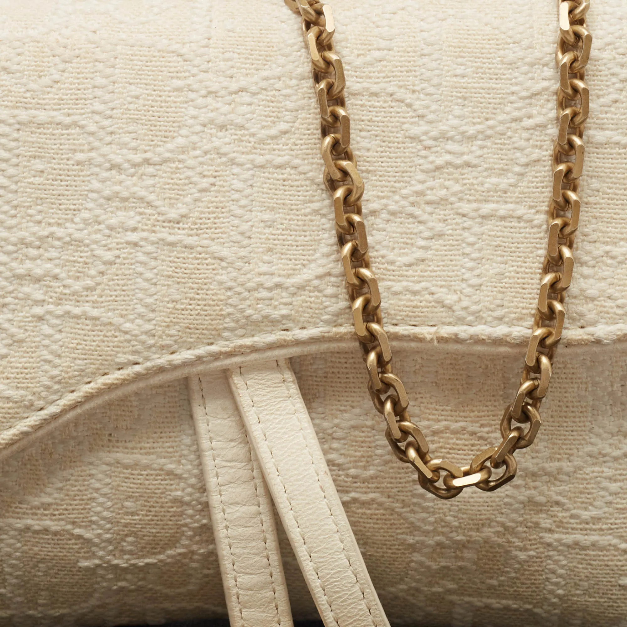 DIOR Off White Oblique Canvas and Leather Saddle Wallet on Chain